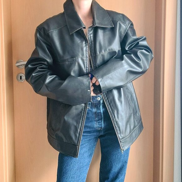 Vintage Jackets & Blazers - Vintage Genuine Leather Dark Brown Bomber Jacket Full Zip Sherpa Lining - Medium